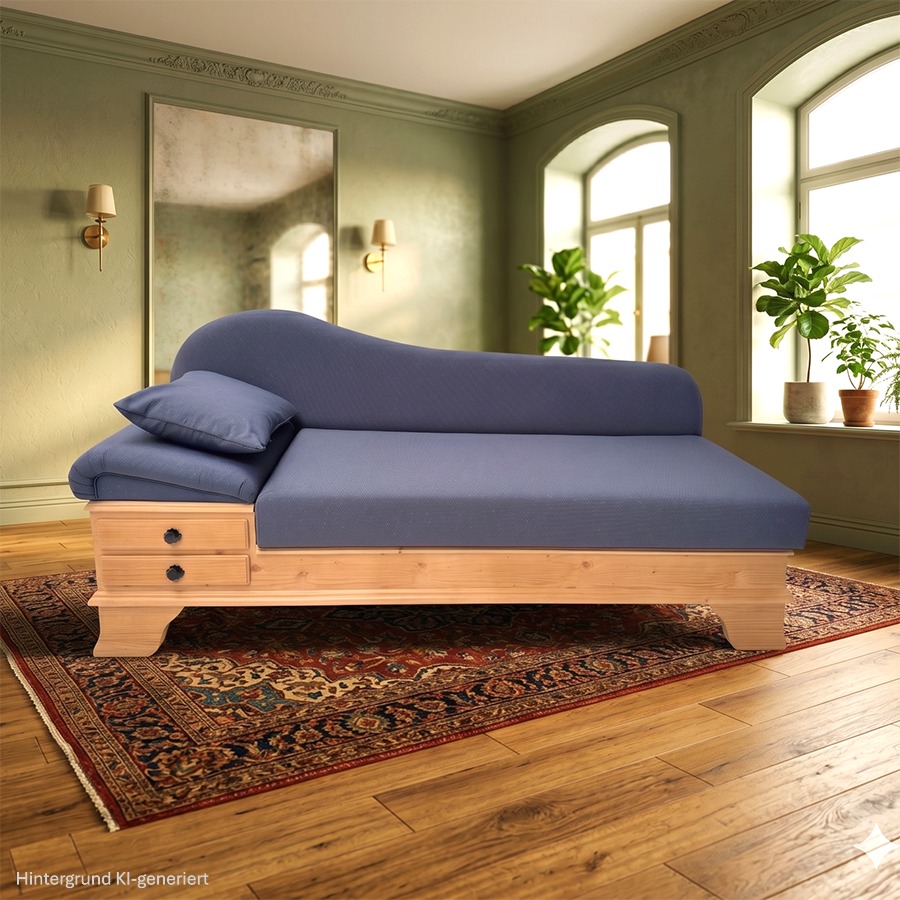 Sofa Liege Chiemgau, Sitzhöhe 50 cm, Wels blau, in 38 Lagerstoffen preisgleich