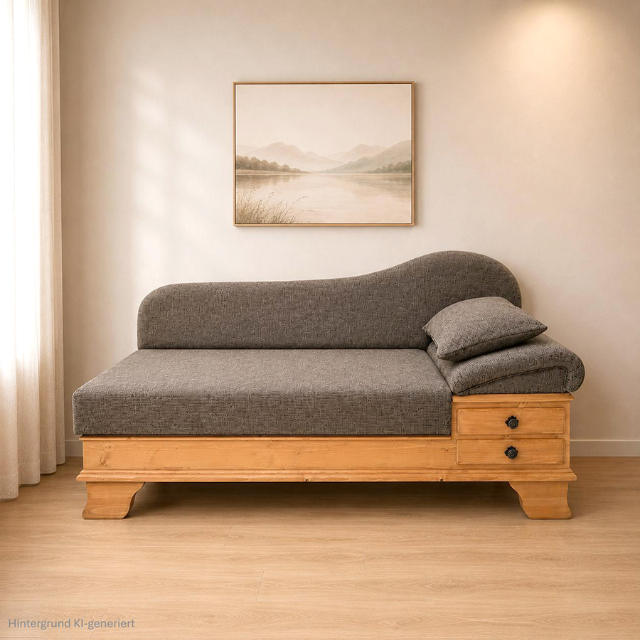 Sofa Liege Chiemgau, Kopfteil rechts, Sonderlänge 180 cm, Sitzhöhe 50 cm, Antik hell, Natura 354