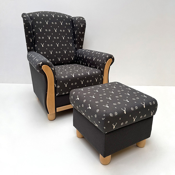 Ohrenbackensessel und Hocker ANTON, Landleben Hirsch grau TS-3005, TS-3019 Uni grau