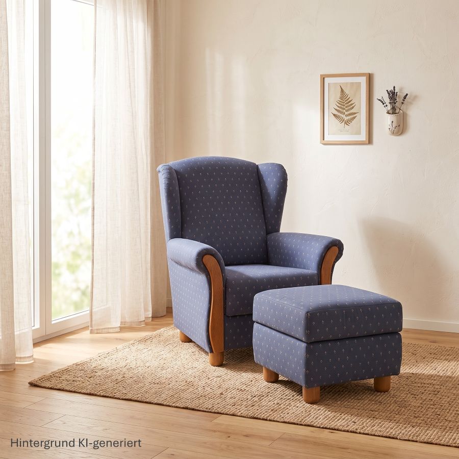Ohrenbackensessel ANTON und Hocker ANTON, Antik dunkel, Kleur 2, Kundl blau
