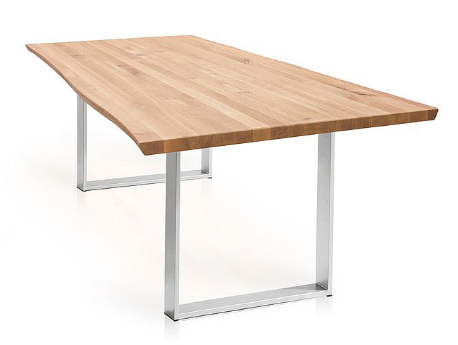 Baumtisch Tisch Oviedo 3, 140/90 cm, ohne Mittelfuge, Wildeiche geölt, Metallgestell, Edelstahl