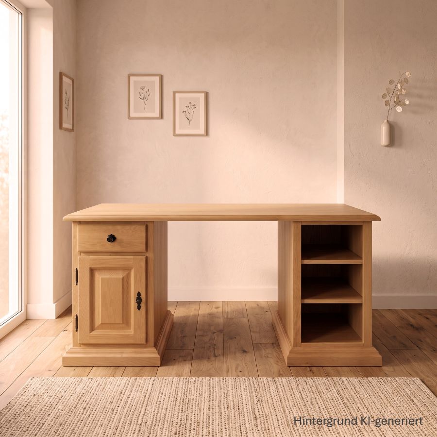 Schreibtisch Füssen Breite 150 cm,  1 Container, Türe und Schubladen, 1 Regal offen
