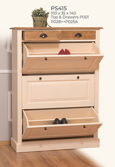 Schuhschrank Kommode, 3 Klappen, 2 Schubladen, Kiefer massiv