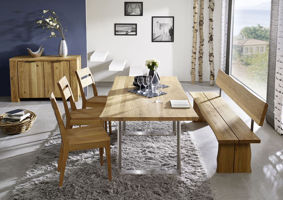 Tischgruppe Oviedo 3 Tisch 90/180 cm, Metallgestell, Einzelbank 180 cm, 3 Stühle Filippa, Wildeiche