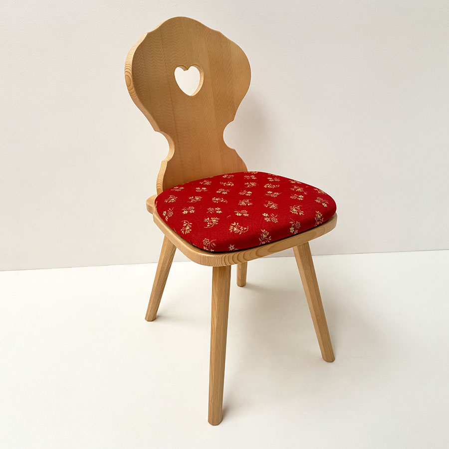 Bauernstuhl Munich, Fuß 8-Kant, Fichte, Rosner Hartwachs, Polsterplatte Mülheim Streublume rot