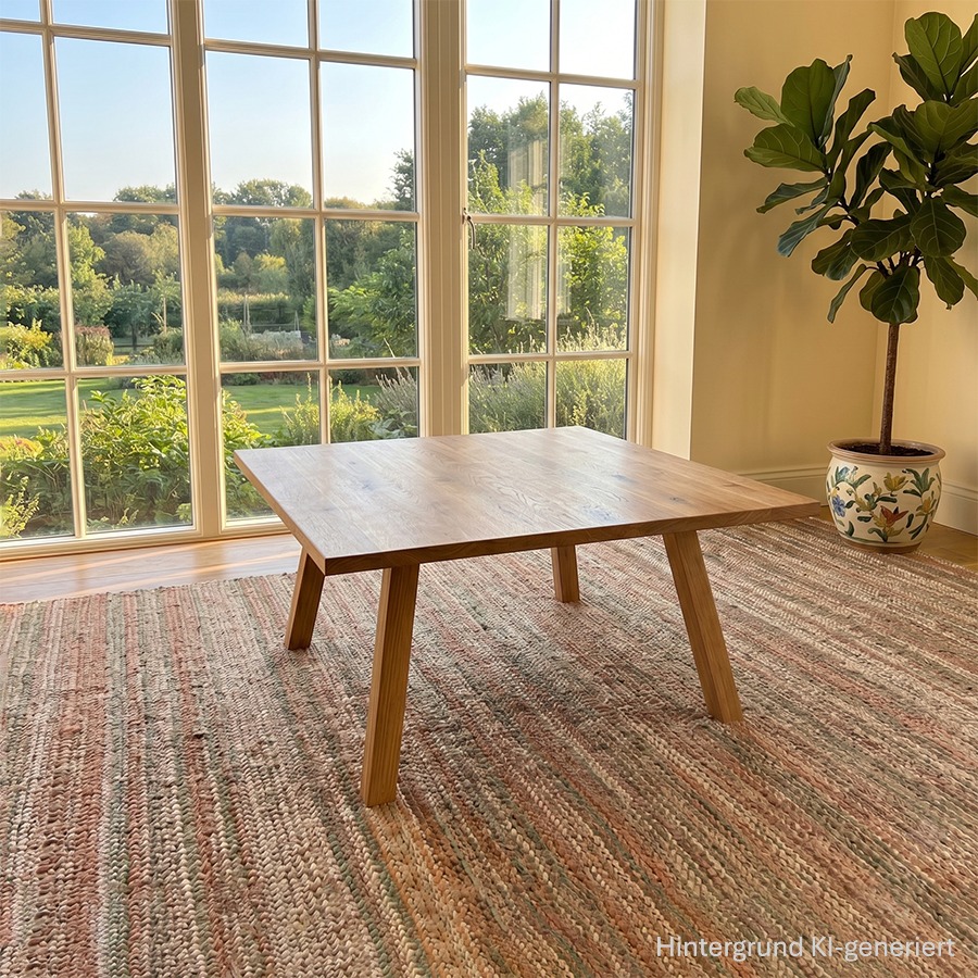 Tisch Lorenzo, Wildeiche geölt, Sondermaß 140/140 cm, Massivplatte, 4 cm stark, Profil R5