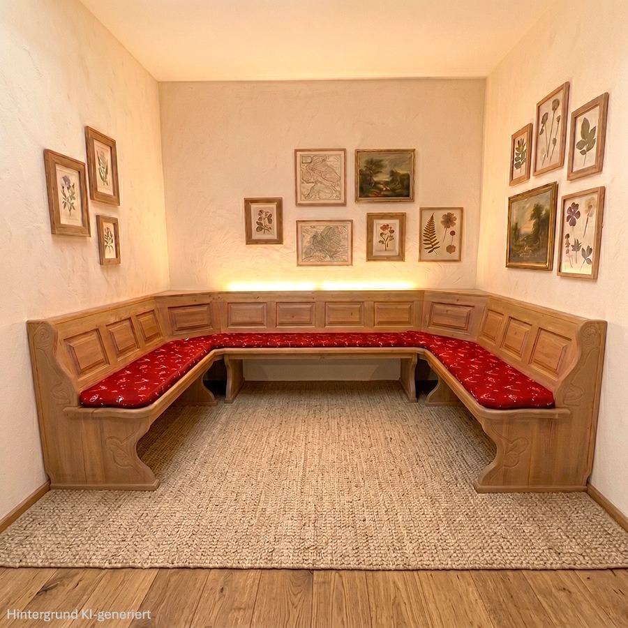 Eckbank Lindau U-Bank 185/290/185 cm, Truhen, Wangen geschnitzt, Hartwachs, Polster genäht, 74855-1