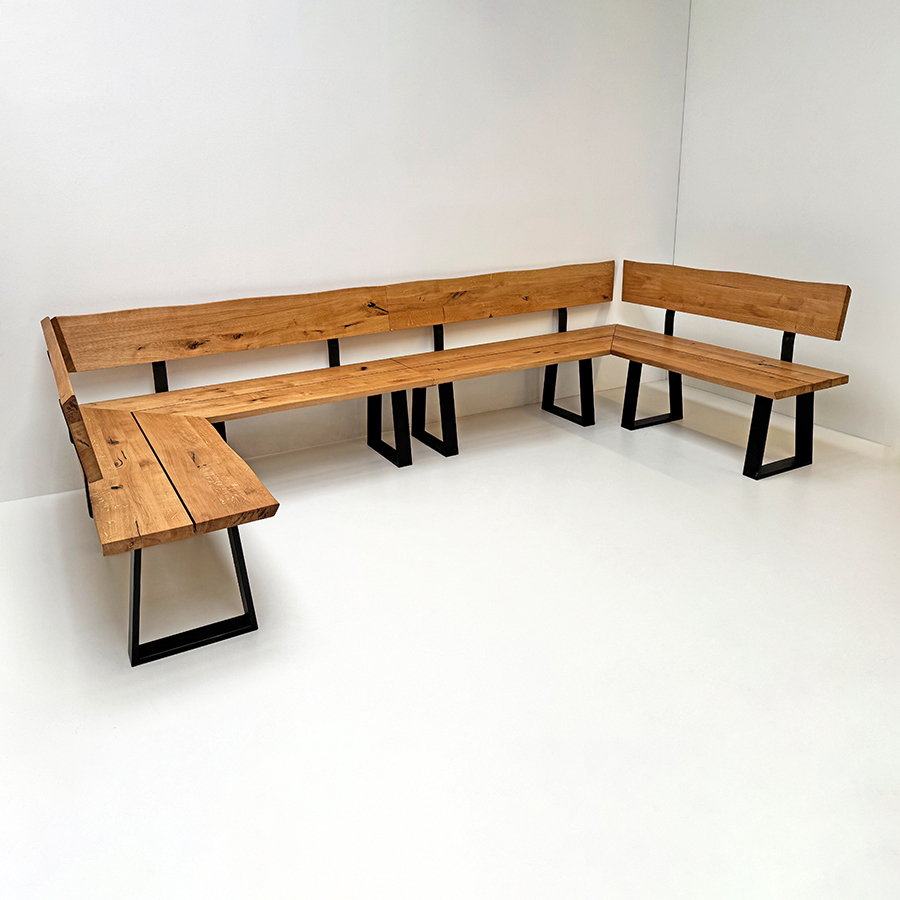 Eckbank Baumbank Oviedo U-Bank 160/340/160 cm Wildeiche massiv geölt, Metallwangen schwarz