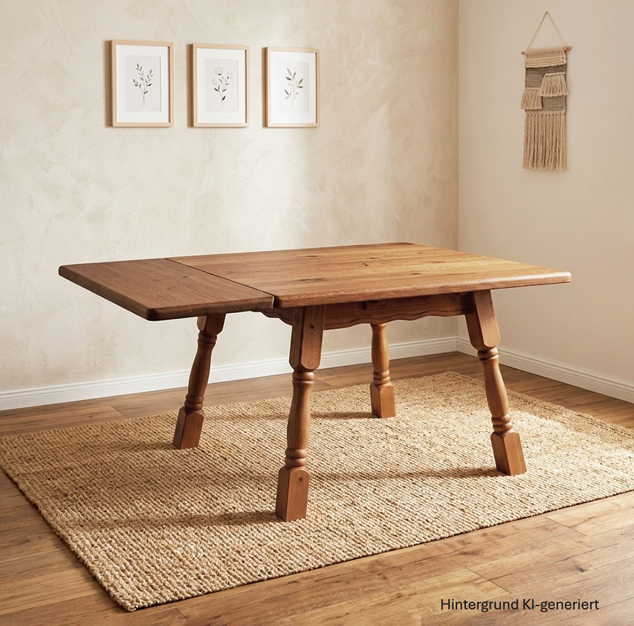 Vierfußtisch 4510-Amberg, 115/115 cm,  mit Ansteckplatte, Eicheplatte K1 lackiert, Fichte K1 Antik