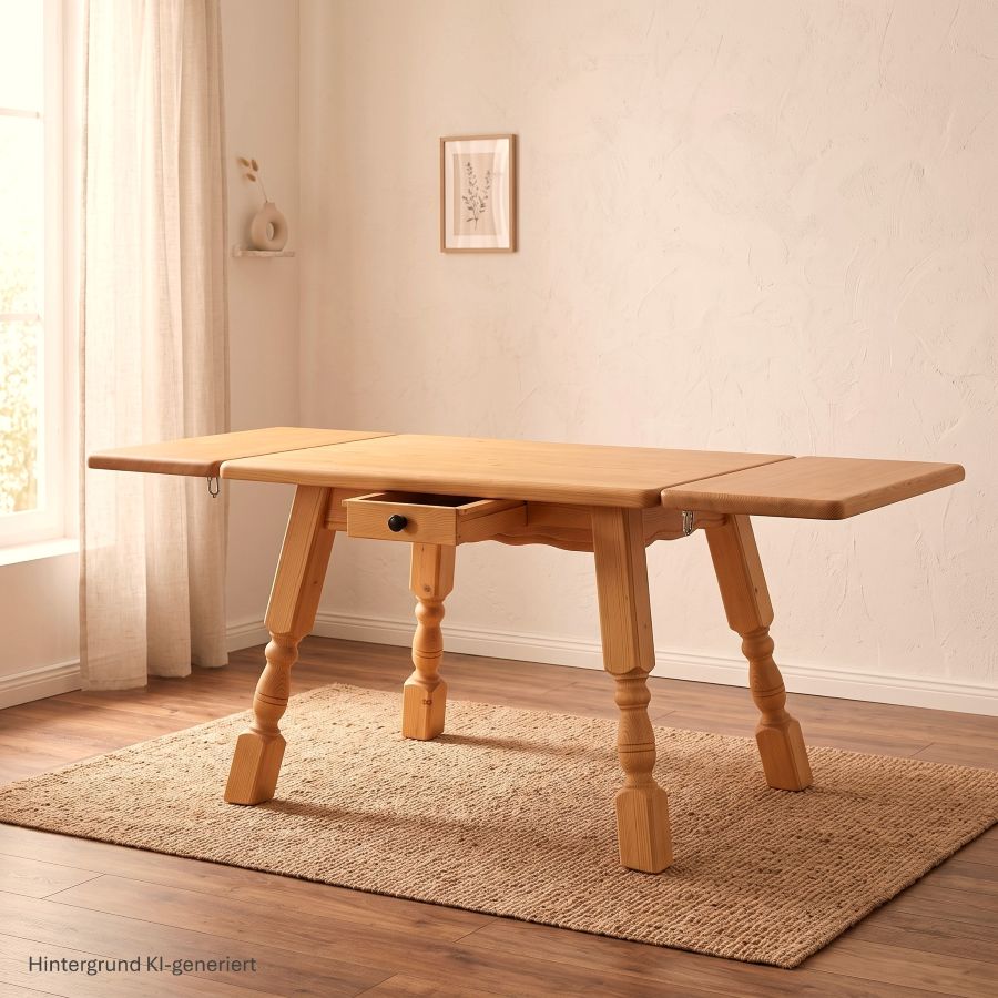 Vierfußtisch 4510 mit Schubladen, 120/80 cm Fichteplatte, 2 Ansteckplatten 40 cm