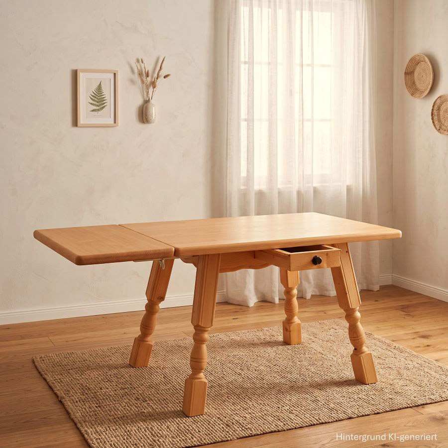 Vierfußtisch 4510 mit Schubladen, 120/80 cm Fichteplatte, Ansteckplatte 40 cm