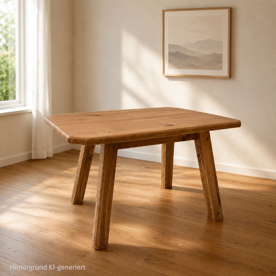 Vierfußtisch 4510 ohne Schubladen, gerader Fuß, 85/130, Ecken schräg, Wildeiche, natur lackiert