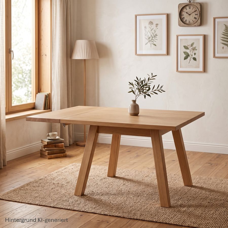 Vierfußtisch 4510G Rosenheim, gerader Fuß und Zarge, Fichte 110/110 cm, R5 mm, 1 Ansteckplatte