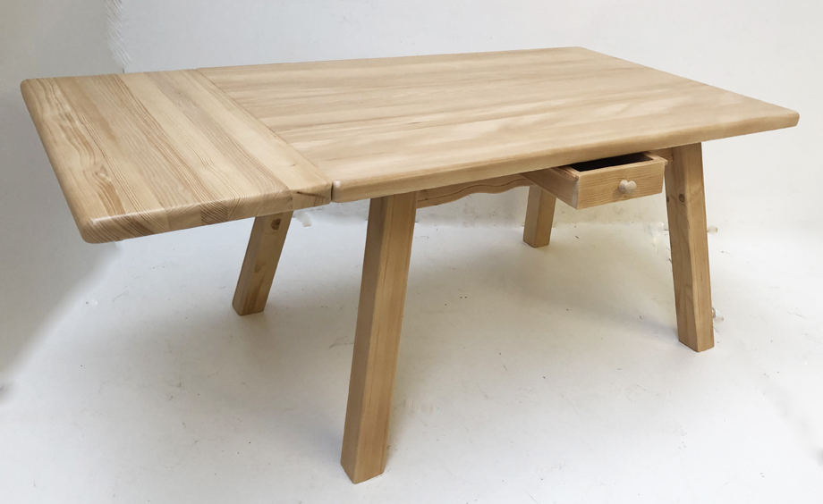 Vierfußtisch 4510 Amberg-Rosenheim, Schubl., gerader Fuß, Fichteplatte 140/90 cm, mit Ansteckplatte