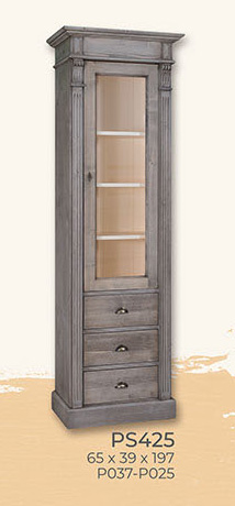 Vitrine, 1 Tür, 3 Schubladen, Kiefer massiv