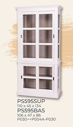 Vitrine, Anrichte + Aufsatz, Glas-Schiebetüren, Kiefer massiv