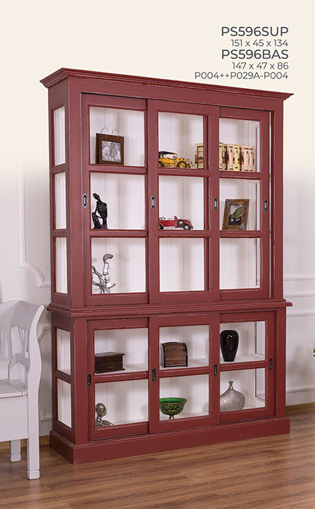 Vitrine, Anrichte + Aufsatz, Glas-Schiebetüren, Kiefer massiv