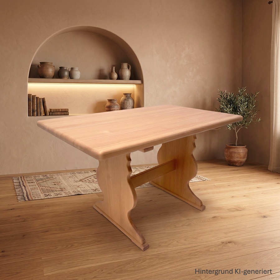 Wangentisch Füssen Country mit Wischleiste, 120/80 cm, Fichtenplatte 4 cm, Fichte, Rosner lackiert